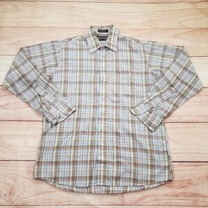 New York Sportswear Exchange Shirt Mens Medium Plaid Button Down Tan Blue VTG‎